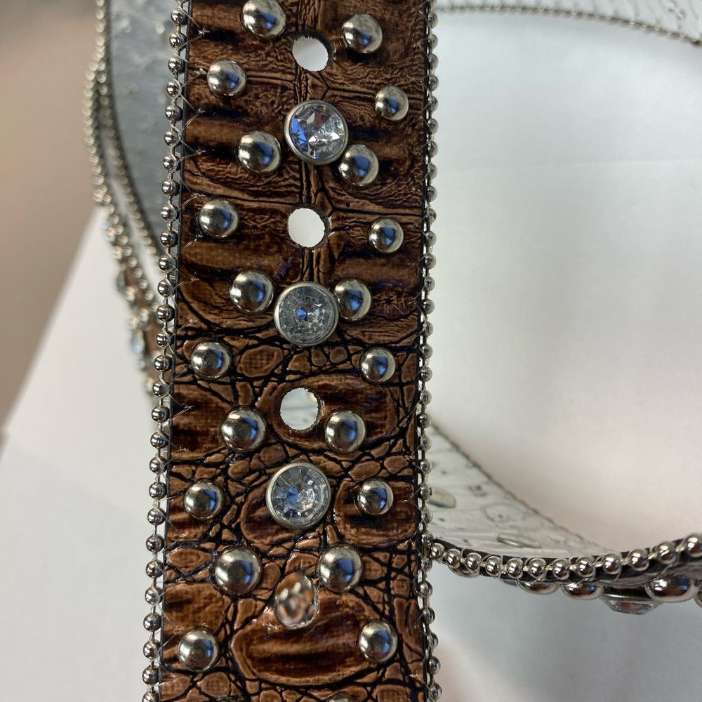 GUESS Western Unisex Stud & Rhinestone Embellished Belt Faux Leather, BROWN, Med - Picture 7 of 11